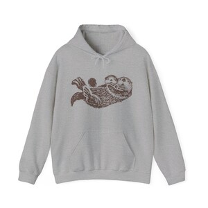 Sea Otter Hoodie Hand Drawn Brown Otters Sweatshirt Animal Lovers Gift Ideas Nature Lover Gifts Granola Girl Clothes PNW Aesthetic Clothing Sport Grey
