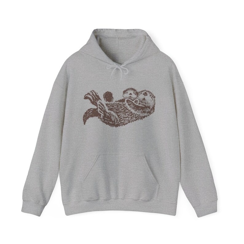Sea Otter Hoodie Hand Drawn Brown Otters Sweatshirt Animal Lovers Gift Ideas Nature Lover Gifts Granola Girl Clothes PNW Aesthetic Clothing Sport Grey