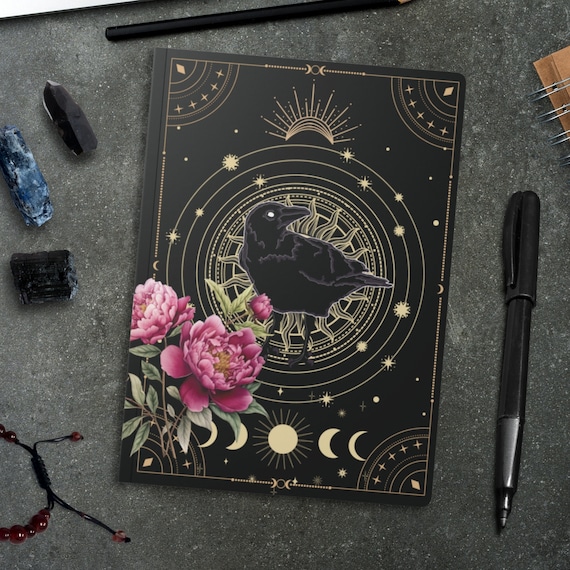 Witchy Journal Celestial Notebook Aesthetic Notebook Witch Notebook Raven Bird Notebook Peony Flower Journal Mini Notebook Moon Phase Gift