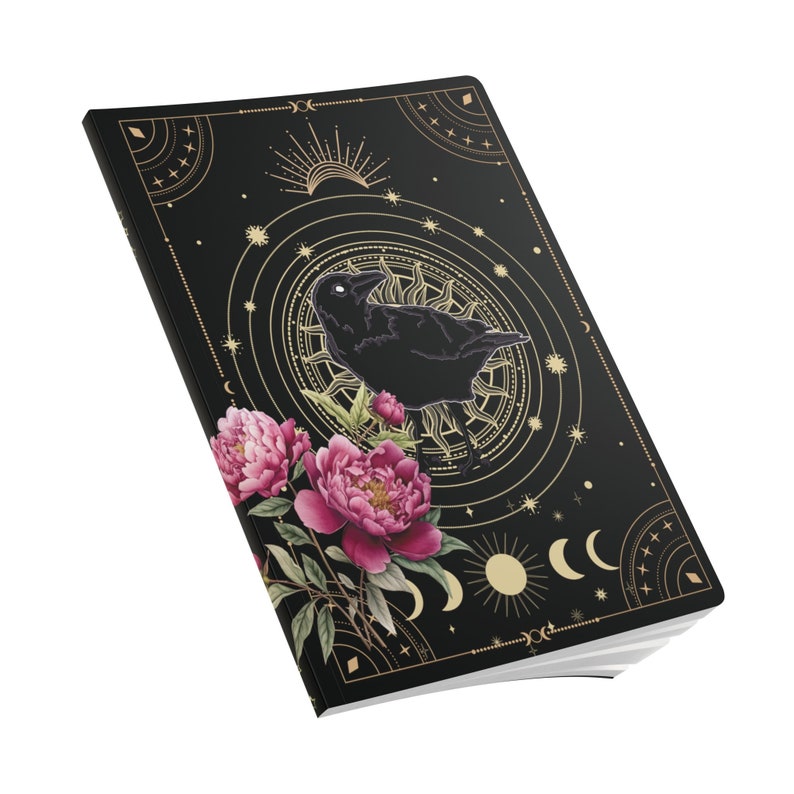 Witchy Journal Celestial Notebook Aesthetic Notebook Witch Notebook Raven Bird Notebook Peony Flower Journal Mini Notebook Moon Phase Gift image 7