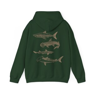Vintage Shark Hoodie Hammerhead Sweatshirt Great White Hooded Sweater Mens Graphic Shirt Sea Creatures Clothing Shark Lover Gifts Nature Top Forest Green