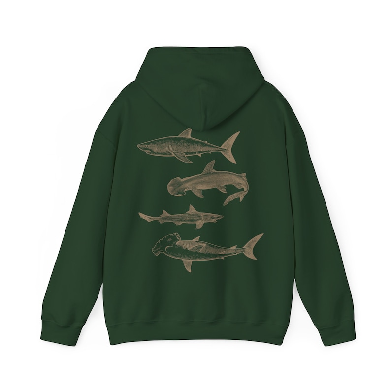 Vintage Shark Hoodie Hammerhead Sweatshirt Great White Hooded Sweater Mens Graphic Shirt Sea Creatures Clothing Shark Lover Gifts Nature Top Forest Green