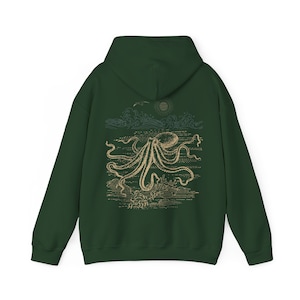 Octopus Hoodie Beachy Hoodies Marine Life Shirt Coconut Girl Aesthetic Cephalopod Tshirt Ocean Sweatshirt Beach Coverup Beach Stuff Winter Forest Green