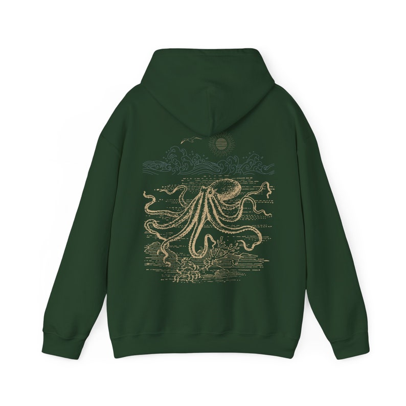 Octopus Hoodie Beachy Hoodies Marine Life Shirt Coconut Girl Aesthetic Cephalopod Tshirt Ocean Sweatshirt Beach Coverup Beach Stuff Winter Forest Green