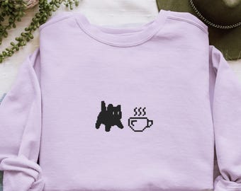 Embroidered Cat and Coffee Sweatshirt, Comfort Colors Sweatern UNISEX