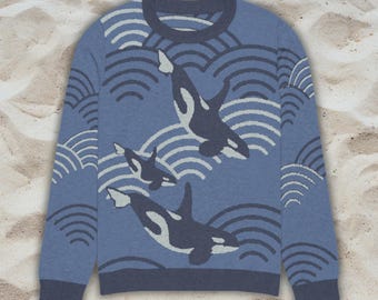Orca Sweater Knitted crew neck sweatshirt ocean inspired stye killer whale lover gift