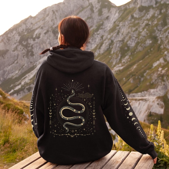 Serpent Hooded Sweatshirt, Celestial Hoodie, Mystical Moon Phase Top, Fleece