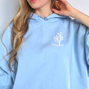 May include: A light blue hoodie with a white graphic of a Joshua Tree and the text "Joshua Tree" on the front.