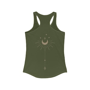 Mystical Moon Phase Tank Top Celestial Shirt Witchy Racerback Tank Workout Clothes Summer Tshirt Boho Astrology Top Spine Tattoo Inspired Solid Military Green