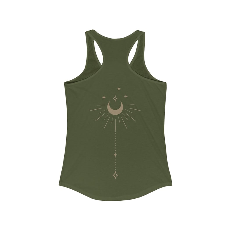 Mystical Moon Phase Tank Top Celestial Shirt Witchy Racerback Tank Workout Clothes Summer Tshirt Boho Astrology Top Spine Tattoo Inspired Solid Military Green