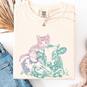 cat & cow tshirt, retro illustration on Comfort Colors® cotton tee shirt