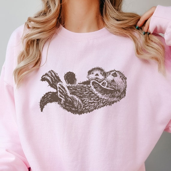 Sea Otter Sweatshirt Hand Drawn Brown Otters Sweater Unisex Fleece Top Graphic Sweat Shirt Animal Lover Gift Ideas Pastel Pink Nature