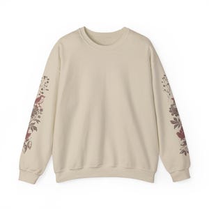 Sleeve Print Wildflower Sweatshirt Bird Linocut Shirt Floral Art Sweatshirt Womens Botanical Sweatshirt Cottage Core Clothes Flower Crewneck image 6