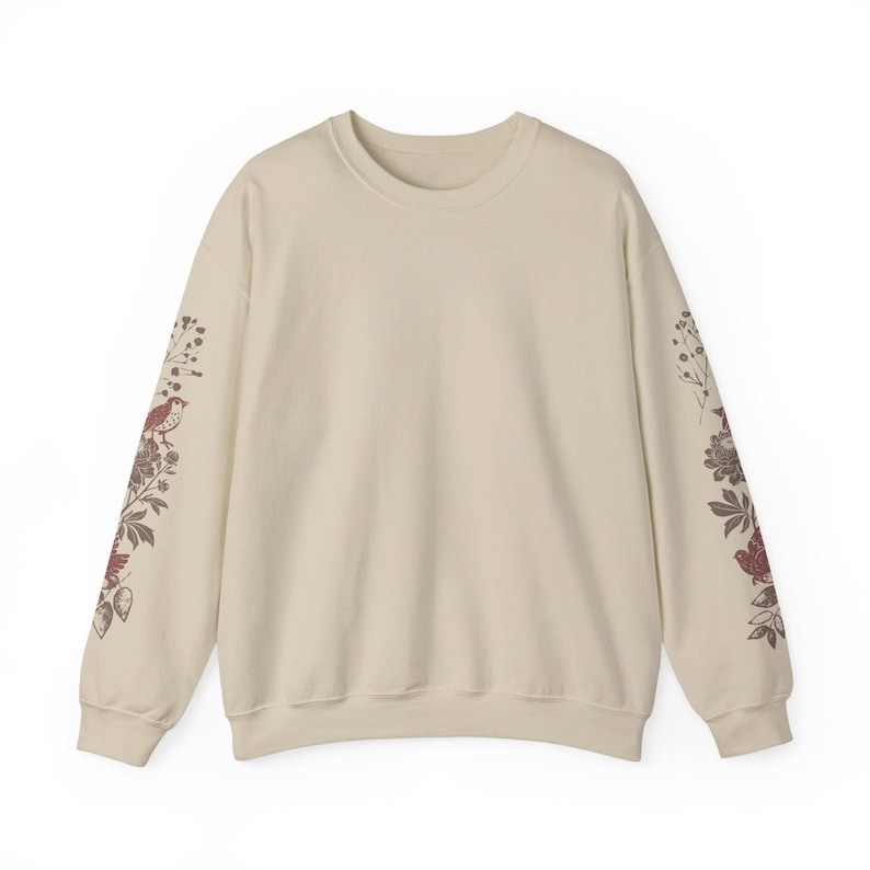 Sleeve Print Wildflower Sweatshirt Bird Linocut Shirt Floral Art Sweatshirt Womens Botanical Sweatshirt Cottage Core Clothes Flower Crewneck image 6