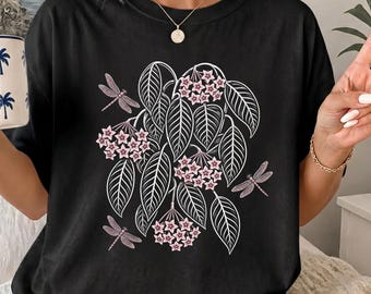 Hoya Blooms and Dragonflies Dark Shirt Comfort Colors® Cotton Tee Shirt for Plant Parents and Gardeners