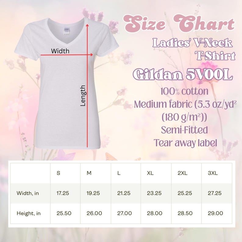 May include: White Ladies' V-Neck T-Shirt with size chart. The shirt is made of 100% cotton, medium fabric, and semi-fitted. The size chart shows width and height measurements in inches for sizes S to 3XL.