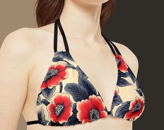 Floral Bikini Set Strappy Top and Bottom Japanese Aesthetic Swimwear for the Beach Vacation