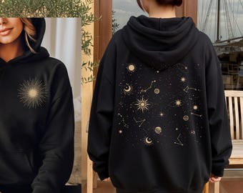 Celestial Hoodie Unisex Midweight Softstyle Fleece Hoodie Sun Stars Sweatshirt Mystical Constellation Clothes