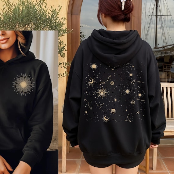 Celestial Hoodie Unisex Midweight Softstyle Fleece Hoodie Sun Stars Sweatshirt Mystical Constellation Clothes
