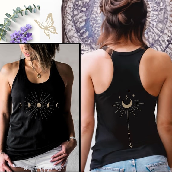 Mystical Moon Phase Tank Top Celestial Shirt Witchy Racerback Tank Workout Clothes Summer Tshirt Boho Astrology Top Spine Tattoo Inspired