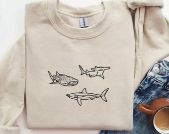Embroidered Shark Sweatshirt Hammerhead Shark Sweater Coconut Girl Clothes Whale Shark Lover Gift Great White Shark Shirt Ocean Animal Shirt