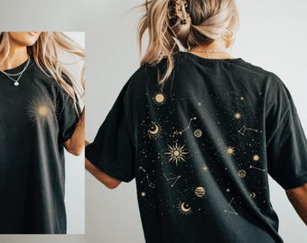 Sun Moon Stars Shirt Front and Back Design Celestial Tshirt Mystical Stars T Shirt Astrological Clothing Spiritual Clothes Astronomy Top