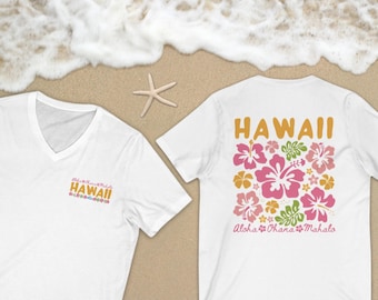 Womens Fit V Neck, Hawaiian Floral V-Neck T-Shirt, Summer Vibes, Travel Souvenir, Beachwear, Casual Outfit, Gift for Her