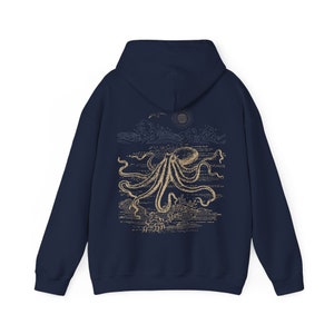 Octopus Hoodie Beachy Hoodies Marine Life Shirt Coconut Girl Aesthetic Cephalopod Tshirt Ocean Sweatshirt Beach Coverup Beach Stuff Winter Navy