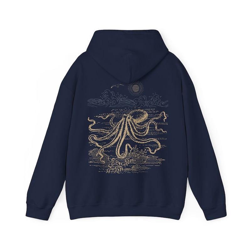 Octopus Hoodie Beachy Hoodies Marine Life Shirt Coconut Girl Aesthetic Cephalopod Tshirt Ocean Sweatshirt Beach Coverup Beach Stuff Winter Navy