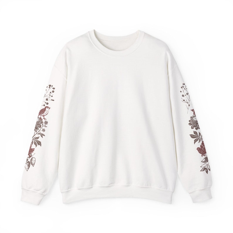 Sleeve Print Wildflower Sweatshirt Bird Linocut Shirt Floral Art Sweatshirt Womens Botanical Sweatshirt Cottage Core Clothes Flower Crewneck White