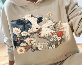 Cow Hoodie with Wildflowers, Two Love Cows on Hooded Sweatshirt, Farm Animal Shirt for Rodeo Couples