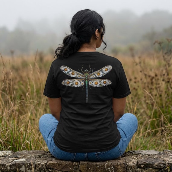 Floral Dragonfly Shirt Comfort Colors® Cotton Tee Shirt for Nature Lovers, Back Design