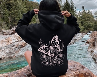 Zippered Butterfly Hoodie Jacket Full Zip Up Hooded Sweatshirt Floral Fleece Top Cottagecore Clothes