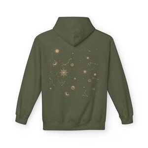 Celestial Hoodie Unisex Midweight Softstyle Fleece Hoodie Sun Stars Sweatshirt Mystical Constellation Clothes Military Green