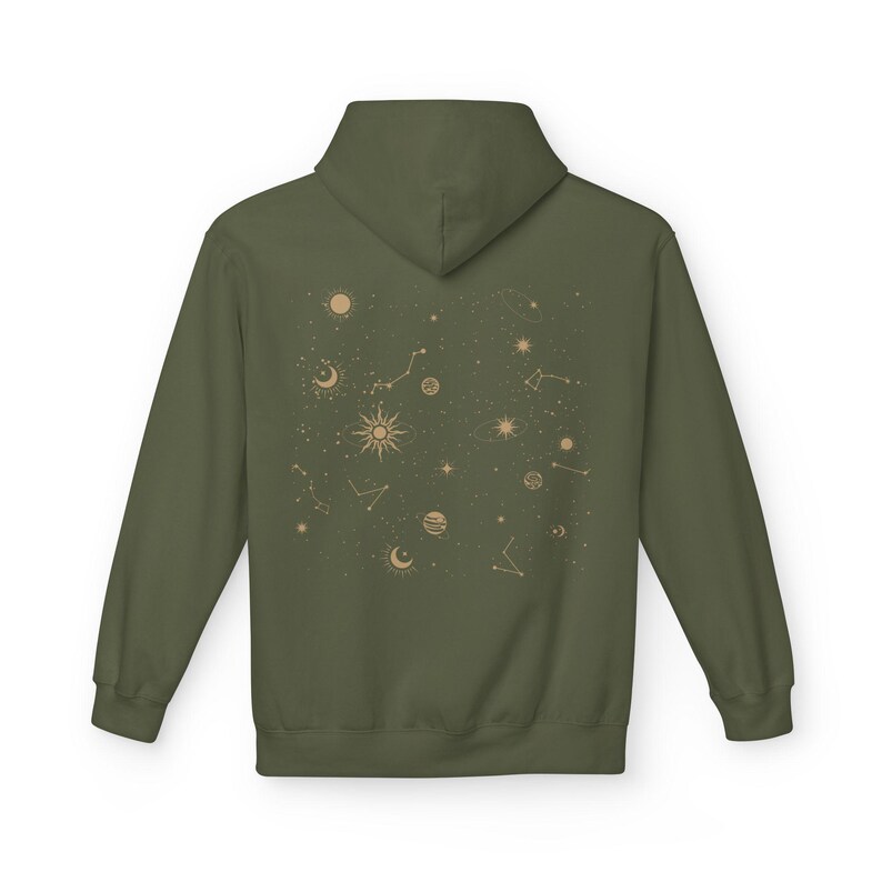 Celestial Hoodie Unisex Midweight Softstyle Fleece Hoodie Sun Stars Sweatshirt Mystical Constellation Clothes Military Green