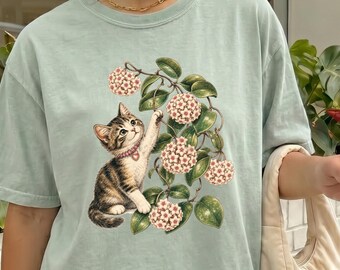 Hoya Carnosa Blooms and Cute 90s Kitten Shirt Comfort Colors® Cotton Tee Shirt for Plant Parents and Cat Lovers