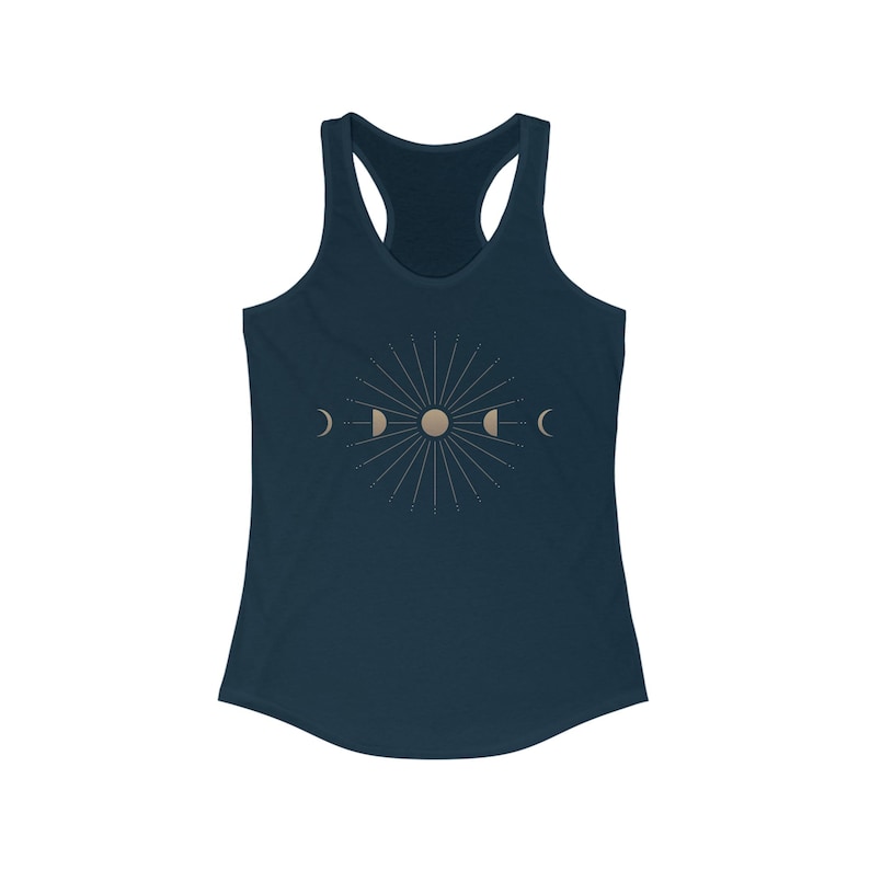 Mystical Moon Phase Tank Top Celestial Shirt Witchy Racerback Tank Workout Clothes Summer Tshirt Boho Astrology Top Spine Tattoo Inspired Solid Midnight Navy