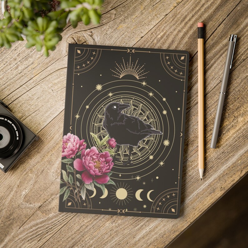 Witchy Journal Celestial Notebook Aesthetic Notebook Witch Notebook Raven Bird Notebook Peony Flower Journal Mini Notebook Moon Phase Gift image 5