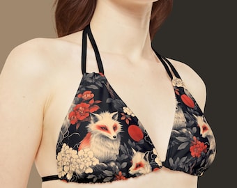 White Fox Bikini Set Strappy Top and Bottom Japanese Aesthetic Swimwear for the Beach Vacation
