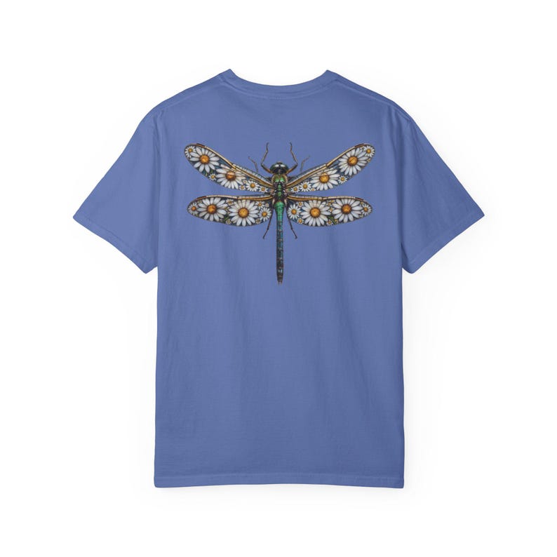 Floral Dragonfly Shirt Comfort Colors® Cotton Tee Shirt for Nature Lovers, Back Design Mystic Blue