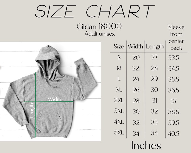 May include: Size chart for Gildan 18000 adult unisex hoodies. The chart shows sizes from S to 5XL with corresponding width, length, and sleeve length measurements in inches.