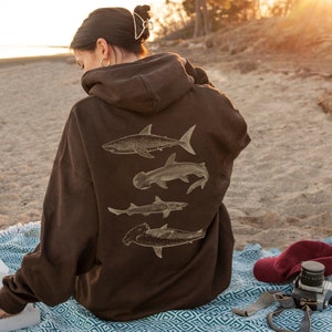 Vintage Shark Hoodie Hammerhead Sweatshirt Great White Hooded Sweater Mens Graphic Shirt Sea Creatures Clothing Shark Lover Gifts Nature Top