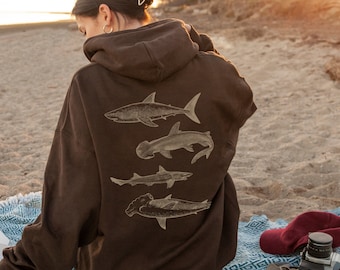 Vintage Shark Hoodie Hammerhead Sweatshirt Great White Hooded Sweater Mens Graphic Shirt Sea Creatures Clothing Shark Lover Gifts Nature Top