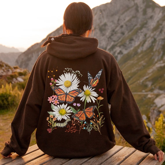 Butterfly Hoodie Cottagecore Clothes Floral Sweatshirt Daisy Shirt Monarch Butterflies Fairy Core Aesthetic Nature Lover Gift Flower Hoodie