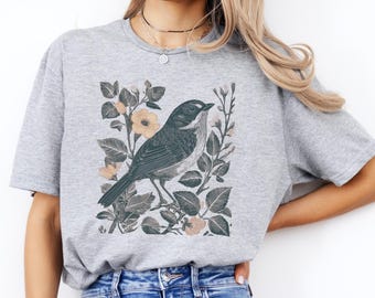 Bird Linocut Shirt  Flowers Linocut T Shirt Birdwatching Shirt Bird Watching Shirt Gift for Bird lovers Birding Bird Watcher Naturecore