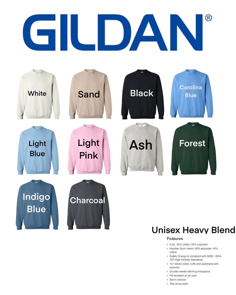 Pode incluir: Uma sele&ccedil;&atilde;o de camisolas Gildan Unisex Heavy Blend em v&aacute;rias cores, incluindo branco, areia, preto, azul Carolina, azul claro, rosa claro, cinza, verde floresta, azul &iacute;ndigo e carv&atilde;o. A imagem tamb&eacute;m mostra o logotipo Gildan e as caracter&iacute;sticas do produto.