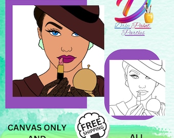 May include: A black and white line drawing of a woman wearing a hat and applying lipstick. The image is a paint-by-numbers style design. The text "Drip Paint Parties" is in the upper right corner of the image.