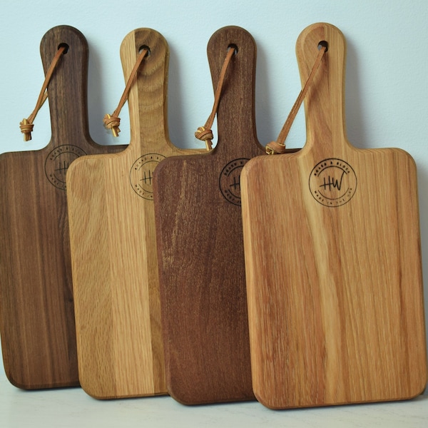 Small Woood Cutting Board with Handle - Walnut & Character Walnut - White Oak - Hickory - Mahogany - Maple