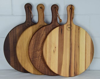Wooden Cutting Board - 12" Round with Handle - Hickory - Mahogany - Walnut & Character Walnut - White Oak - Maple