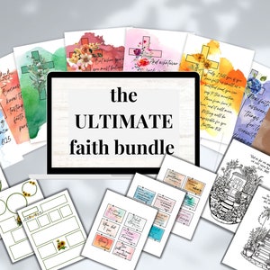 May include: A digital image on a laptop screen displaying the text "the ULTIMATE faith bundle". The image is surrounded by printable digital downloads featuring watercolour floral designs, crosses, and bible verses.